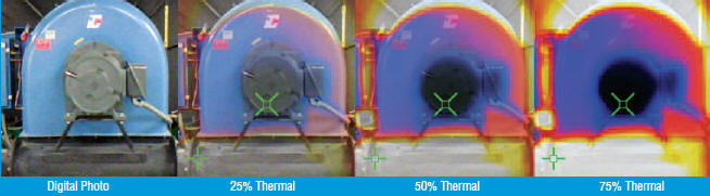 The HeatSeeker captures both a full infrared image and a digital photo. The thermal image can be overlaid on top of the digital image in various % blends for clarity.