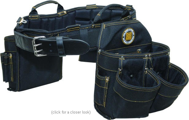 Electricians Combo belts include: Molded Air-Channel Support Belt, Electrician's tool pouch, large 9 pocket tool pouch, hammer holster and tape holder.