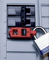 Hinged single-pole lockout with locking post design, locks lever in off position to isolate and prevent breaker use