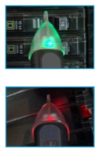 The tip is illuminated by a green LED when powered on and switches to a red flashing LED when Voltage is sensed.