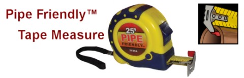 The Pipe Friendly™ Tape Measure features a patented endpiece with a built-in J-shaped hook for Easy one person Pipe measuring